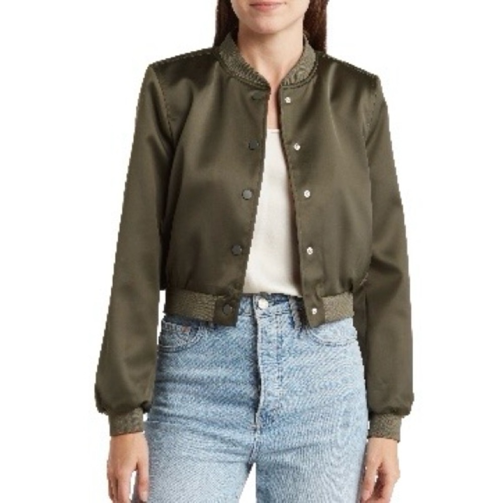 Industry Republic Clothing Cropped Bomber Olive Green Satin Button Jacket